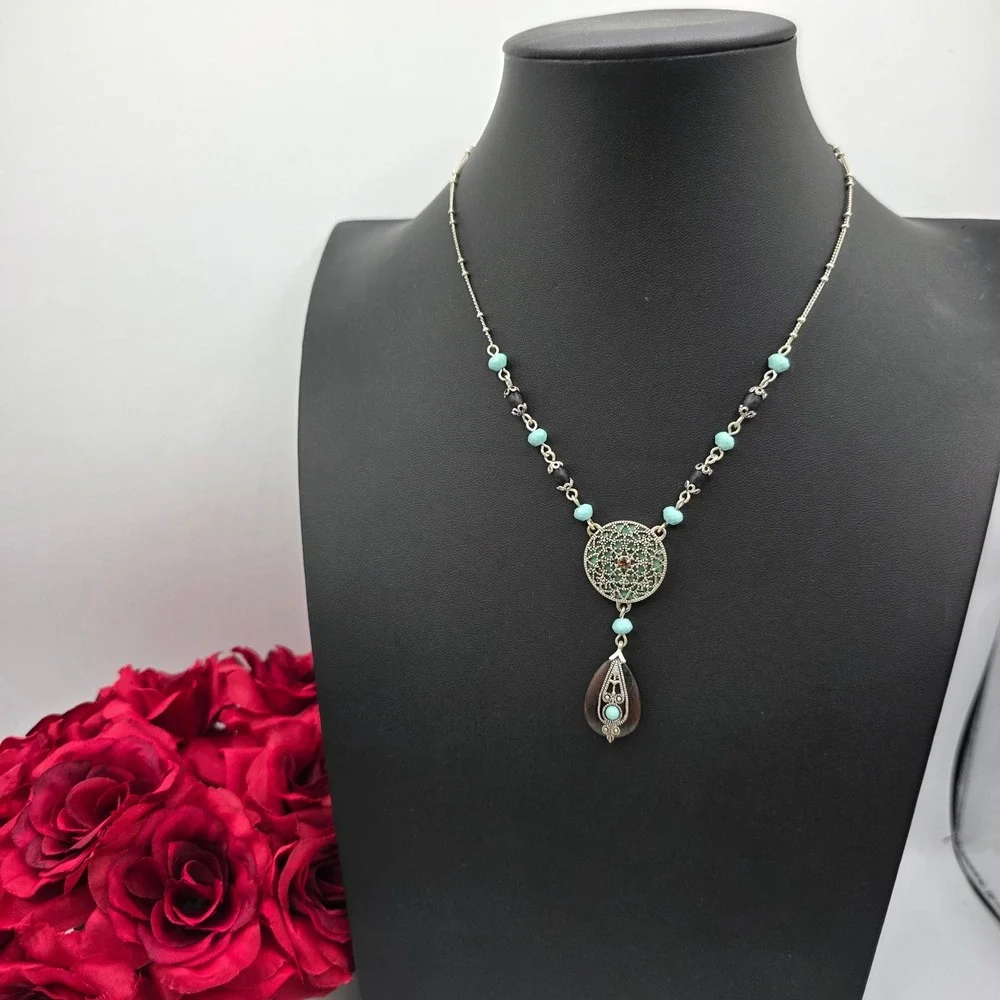 Vintage Napier Bohemian Filigree Mandala Turquoise Beaded Teardrop Necklace 18in